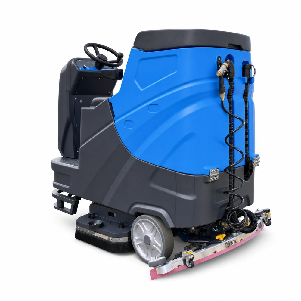 Right side shot of ZY-900 ride-on floor scrubber, featuring operation control panel, large water tank, dual brush base and full width suction squeegee