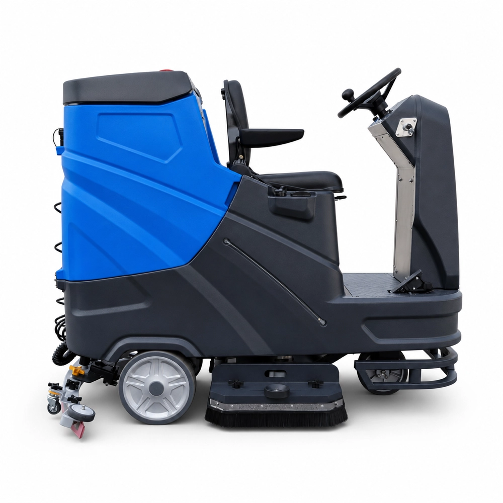 Side profile shot of ZY-900 dual brush ride-on floor scrubber, showing large solution & recovery tanks, dual brush cleaning system and stable chassis for industrial commercial cleaning