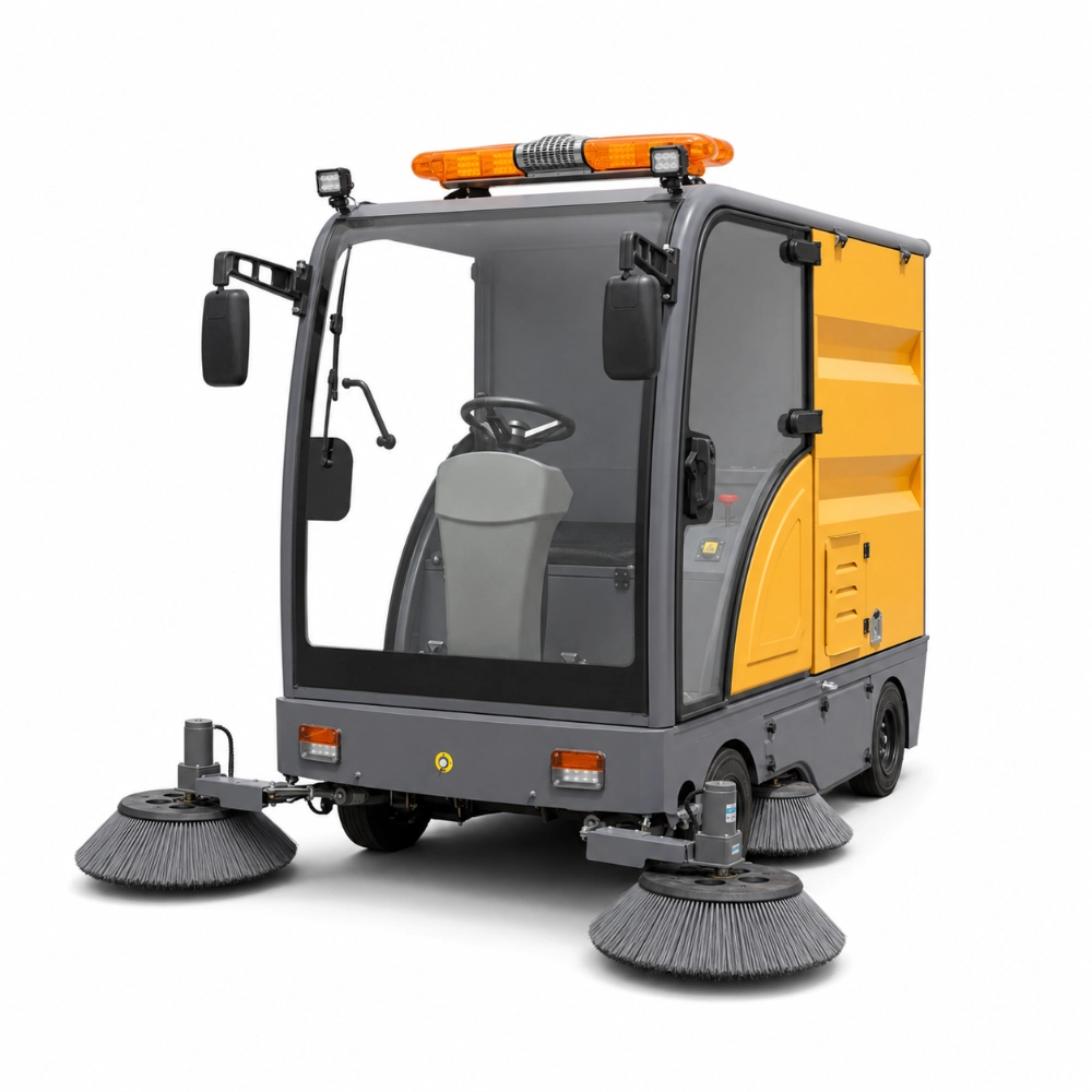 ZY-X5 fully enclosed ride-on industrial road sweeper front view, battery outdoor street cleaning machine for municipal factory warehouse