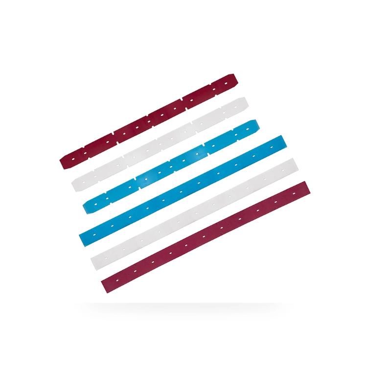 Assorted multi-color squeegee blades in red, white and blue for floor scrubber replacement