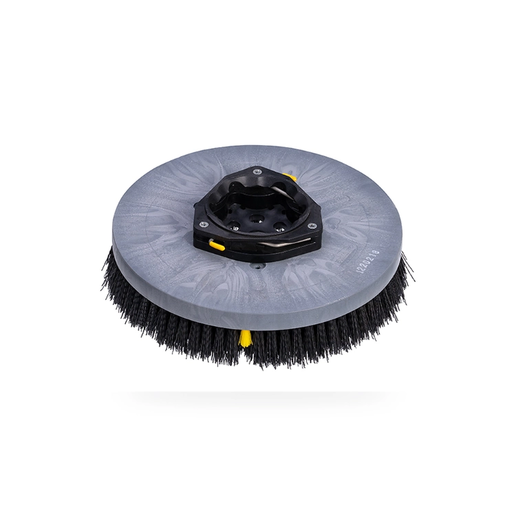 Black floor scrubber disc brush back view showing gray plastic backing plate and black drive coupling base