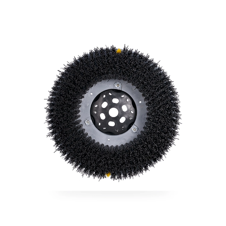 Black floor scrubber disc brush front view with heavy-duty bristle fill and metal drive interface