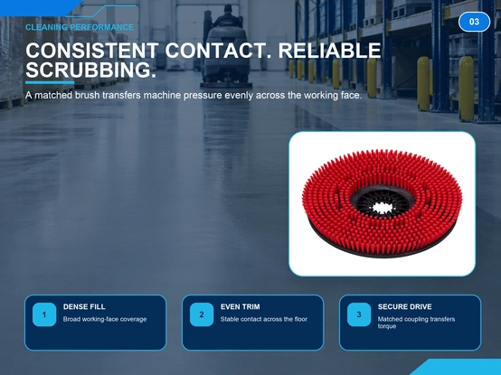 Floor scrubber disc brush cleaning performance showing consistent contact, dense fill, even trim and secure drive coupling