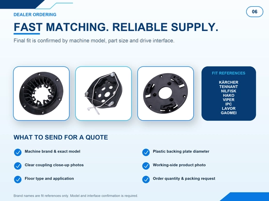 Floor scrubber disc brush compatibility and ordering guide for Kärcher Tennant Nilfisk Hako IPC Lavor Gaomei machines