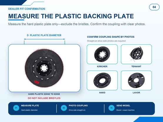 Floor scrubber disc brush measurement guide for plastic backing plate diameter and drive coupling shape confirmation