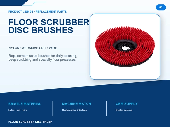Floor scrubber disc brushes product overview with nylon abrasive grit and wire bristle options, custom drive interface and OEM supply