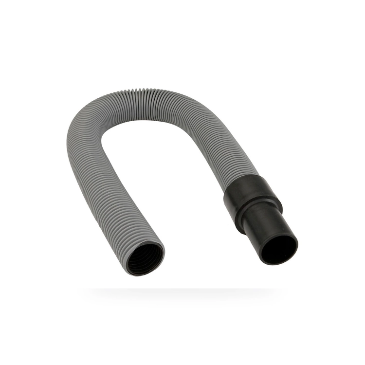 Black corrugated floor scrubber hose assembly with control valve and mounting bracket for machine-mounted drain or solution line