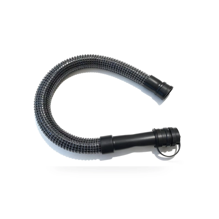Floor scrubber drain hose with wire-reinforced clear wall, control valve and hanging loop for recovery tank drainage