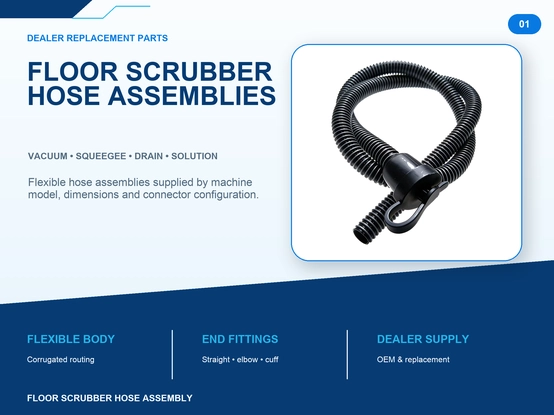 Floor scrubber hose assemblies product overview with vacuum squeegee drain and solution hoses, flexible corrugated body and OEM dealer supply