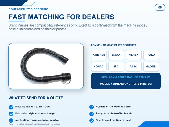 Floor scrubber hose compatibility and ordering guide for Kärcher Tennant Nilfisk Hako Comac IPC Taski Gaomei machines with quote requirements