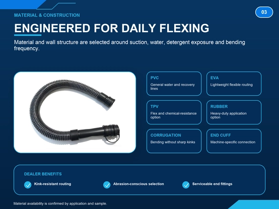 Floor scrubber hose material and construction options with PVC EVA TPV rubber compounds, corrugated wall and molded end cuff