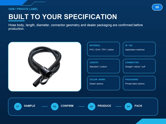 Floor scrubber hose OEM customization with private label, configurable material, diameter, length, connector geometry, color and packaging