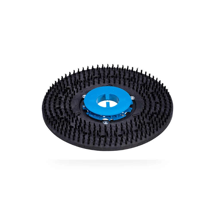 Floor scrubber pad driver PVC hook face back view with blue coupling and black plastic backing plate