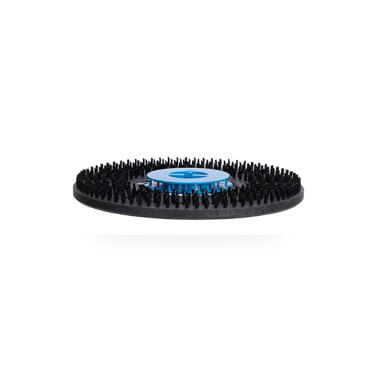 Floor scrubber pad driver bristle pin working face side angle view with blue drive interface for pad retention