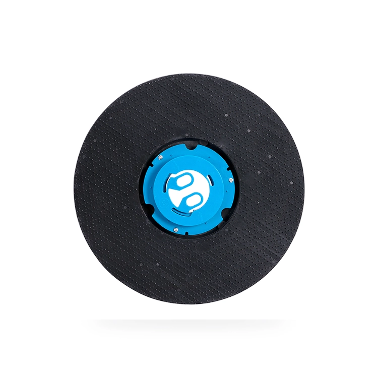 Floor scrubber pad driver bristle pin face top view with blue coupling and screw-mounted plastic base