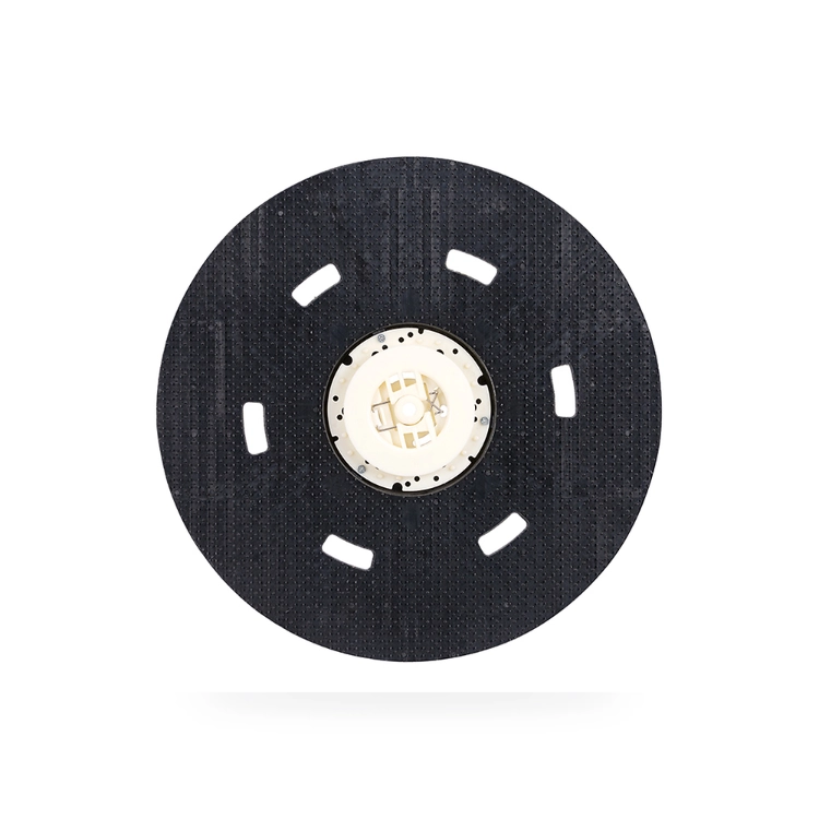 Floor scrubber pad driver PVC hook face back view with white coupling and six-slot black plastic plate