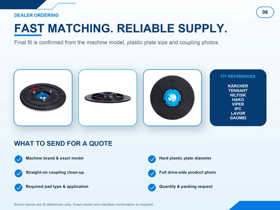 Floor scrubber pad driver compatibility and ordering guide for Kärcher Tennant Nilfisk Hako Viper IPC Lavor Gaomei machines