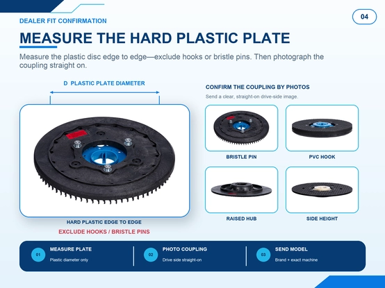 Floor scrubber pad driver measurement guide for hard plastic plate diameter and coupling shape confirmation with photos
