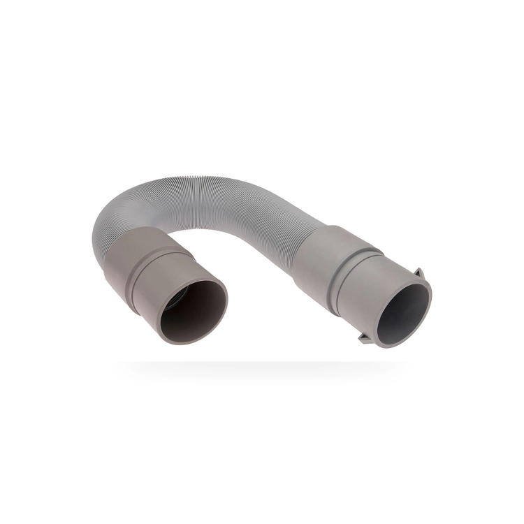 Black corrugated floor scrubber squeegee hose with handle loop for service-friendly removal and handling