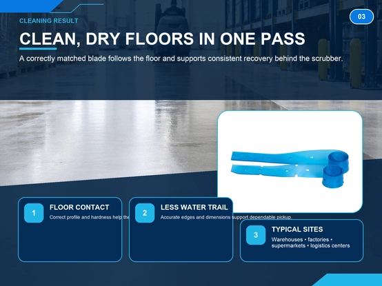 Floor scrubber squeegee blades cleaning performance showing clean dry floors in one pass with floor contact and less water trail