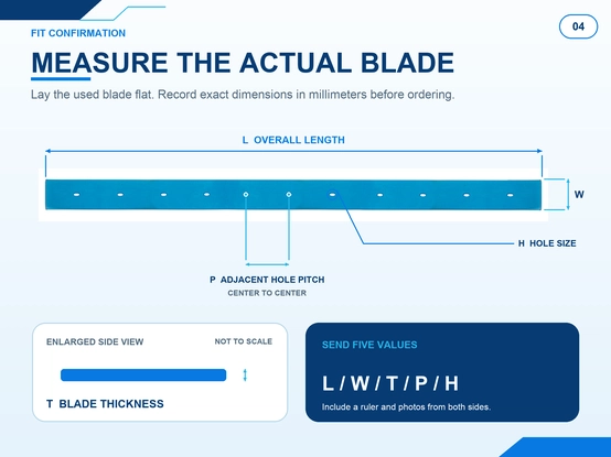 Floor scrubber squeegee blades measurement guide showing length width thickness hole size and adjacent hole pitch dimensions