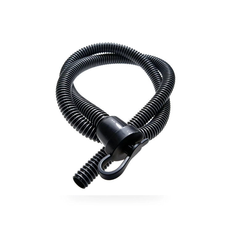 Gray corrugated floor scrubber drain hose with straight cuff and black end connector for recovery tank drainage