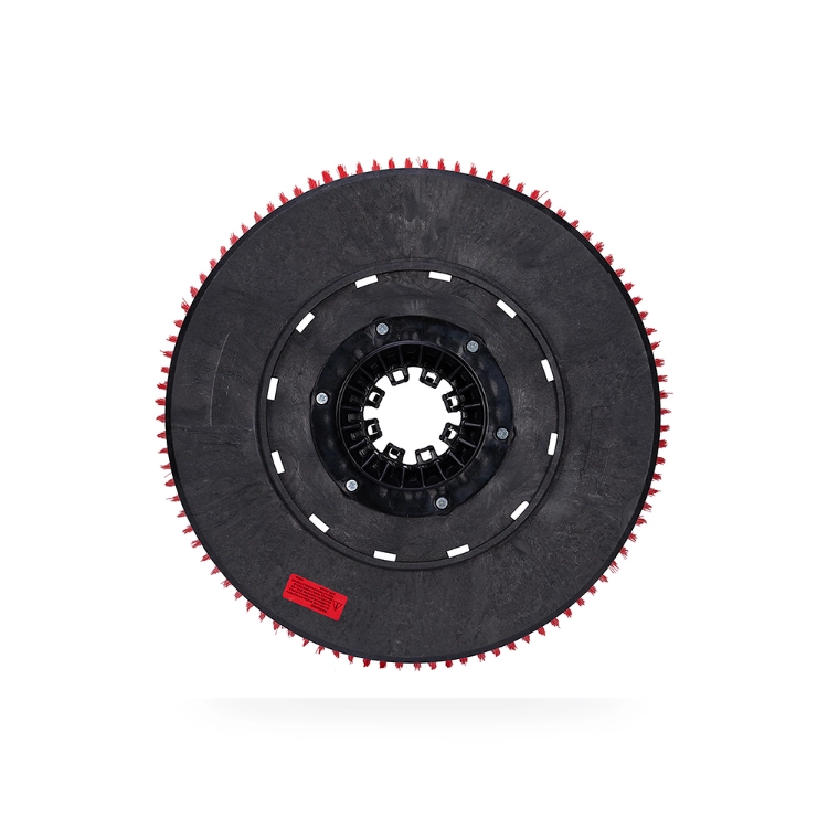 Red floor scrubber disc brush back view showing black plastic backing plate and drive coupling interface