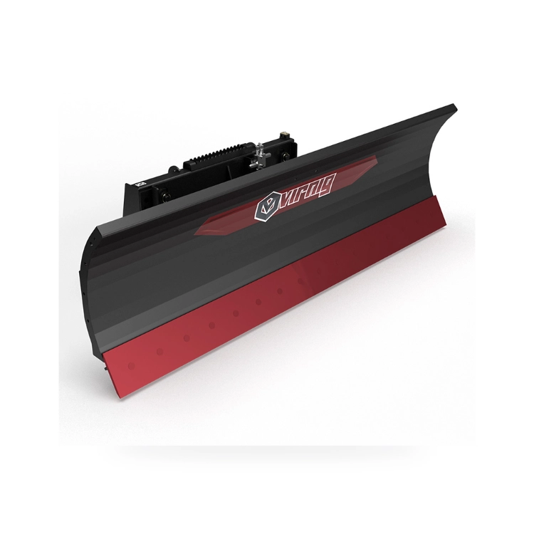 Black snow plow blade with red cutting edge side angle view showing moldboard curve and mounting bracket
