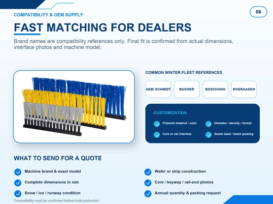 Snow runway brush compatibility customization and ordering guide for Aebi Schmidt Bucher Boschung Overaasen winter fleets
