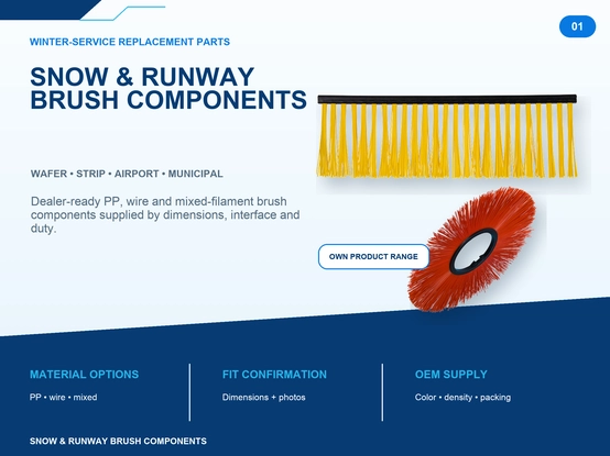 Snow and runway brush components product overview with wafer strip airport municipal brushes, PP wire and mixed filament options