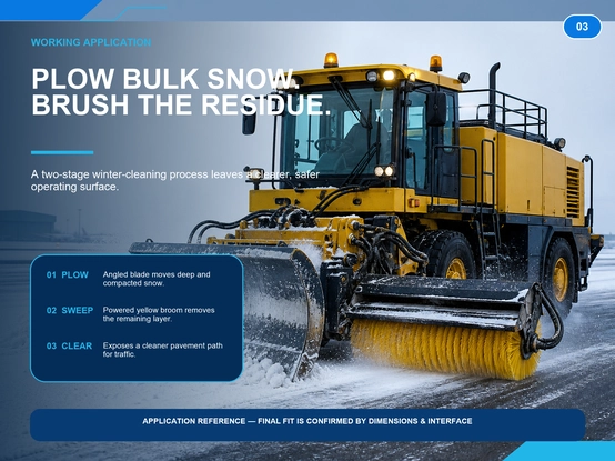 Snow runway brush winter service applications showing plow bulk snow, brush residue and clear pavement three-stage process