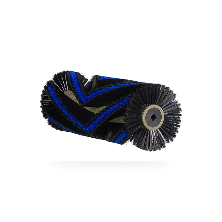Sweeper main roller brush with black and blue spiral filament pattern and square bore gold core for aggressive sweeping