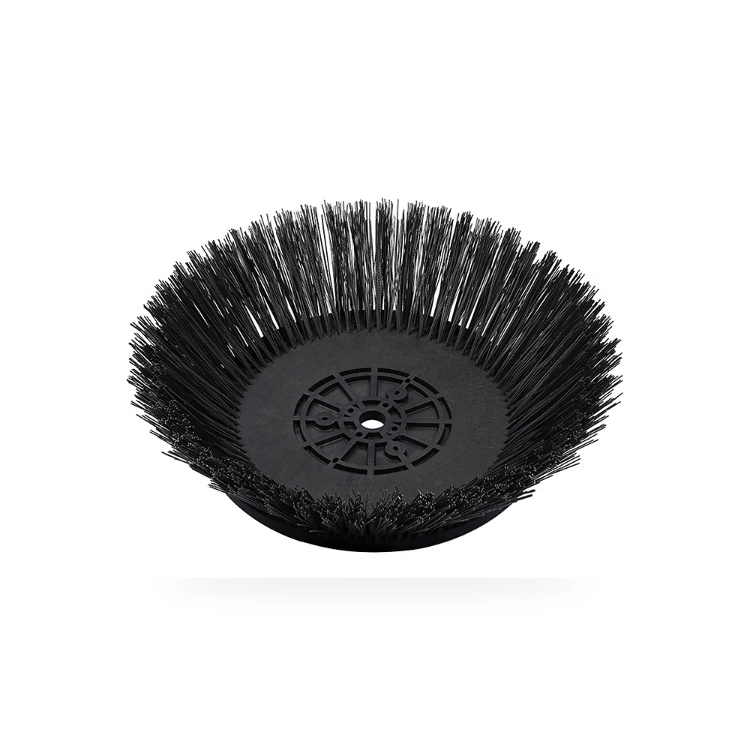 Sweeper side gutter brush with black wire filament disc and plastic base for curb and edge cleaning
