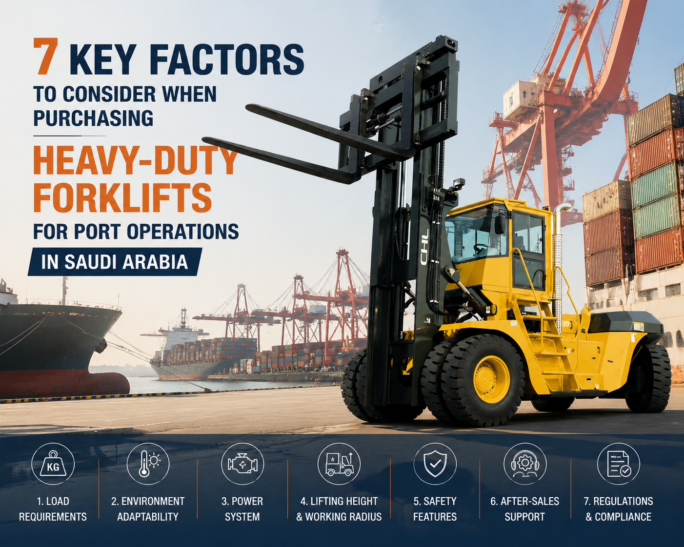 7 factores clave a tener en cuenta al comprar carretillas elevadoras de gran tonelaje para operaciones portuarias en Arabia Saudita.