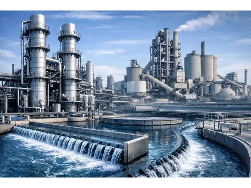 Industrial water treatment plant with chemical processing equipment and filtration systems for wastewater management