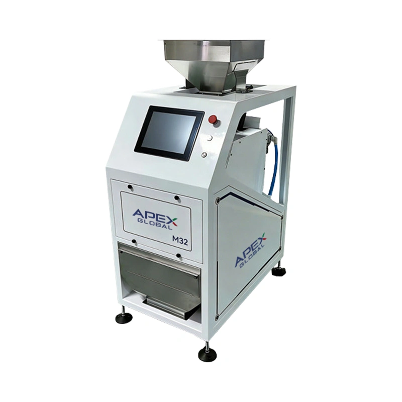 Official front render of APEX M32 compact vertical AI color sorting machine equipped with human-machine touch screen control panel. Lightweight body with integrated feeding and sorting structure, mainly developed for high-precision sorting of green coffee beans and roasted coffee beans, compatible with various small granular miscellaneous grains for small-scale food processing.