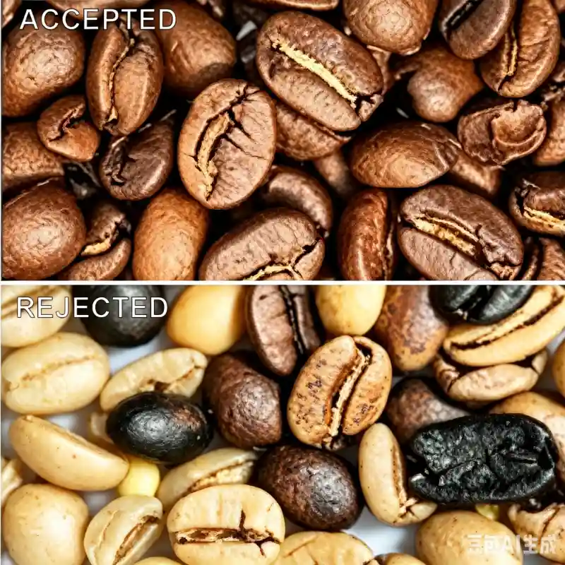 Image de contraste du tri des grains de café torréfiés par la mini-trieuse intelligente M32. La partie supérieure présente les grains de café torréfiés de qualité, à la couleur uniforme et à la forme parfaite ; la partie inférieure élimine les grains brûlés, carbonisés, insuffisamment torréfiés et les particules endommagées afin de garantir un arôme constant pour le café de spécialité fini.