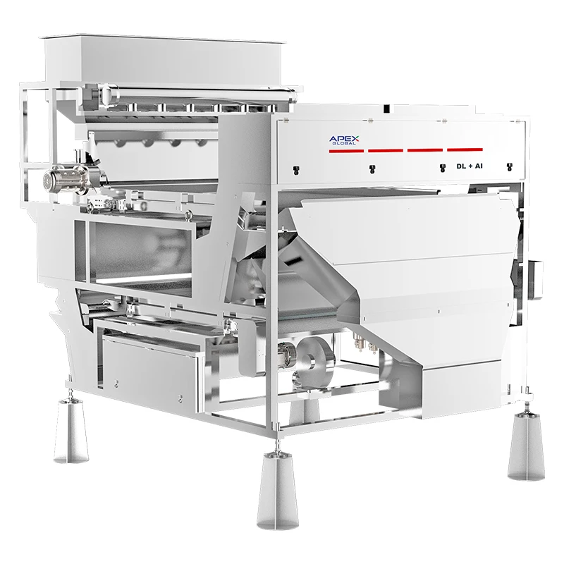 Vue arrière 3D d'une trieuse optique double couche DL+AI, montrant l'agencement interne de la structure de convoyage double couche, les composants d'entraînement et les cabines de détection optique étanches. Le châssis renforcé est conçu pour une production continue 24h/24 à forte charge dans les grandes usines de transformation de produits agricoles.