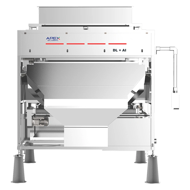 Imagem frontal oficial da classificadora de correia com IA de dupla camada APEX DL+AI, com revestimento totalmente selado em aço inoxidável, em conformidade com os padrões de higiene da produção de alimentos. O sistema independente de detecção por IA de dupla camada realiza a remoção primária de impurezas e a triagem secundária de precisão para grãos a granel, pimenta e ervas medicinais chinesas.