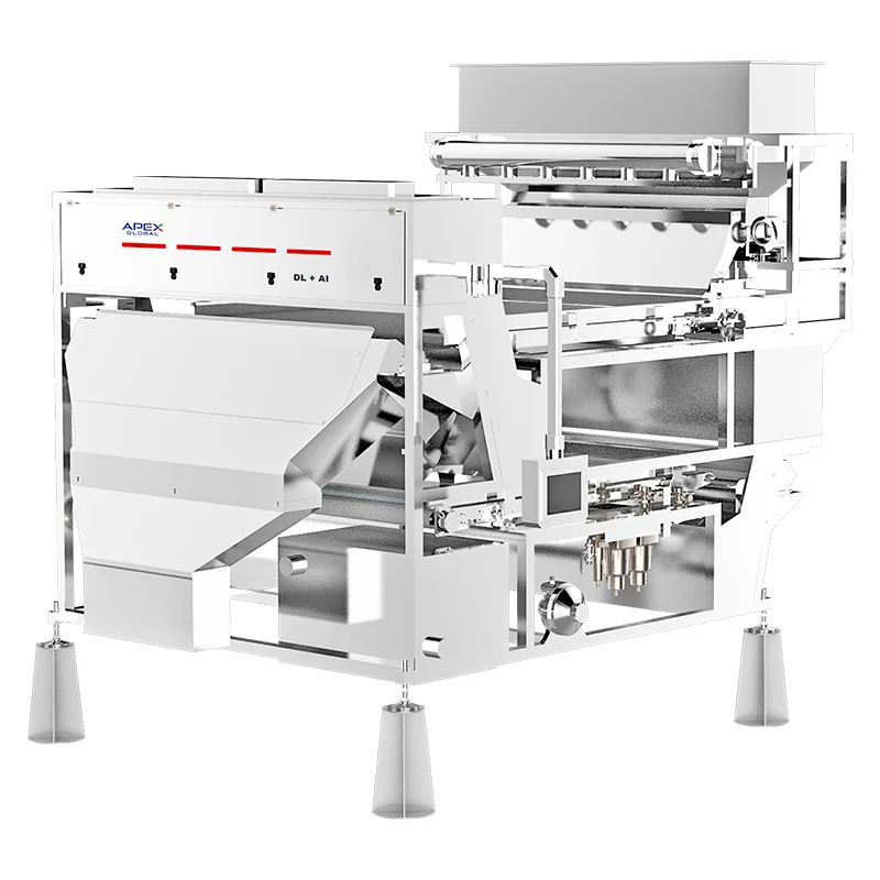 Vue oblique 3D du trieur à bande intelligent APEX DL+AI à double couche. Équipé d'une trémie d'alimentation supérieure, de deux cabines de tri indépendantes, d'un écran tactile intégré et d'un système de buses haute vitesse. Chaque couche de convoyeur est dotée d'un module d'identification visuelle par IA indépendant, ce qui résout le problème de la détection manquée des matériaux en vrac empilés tout en maintenant une capacité de traitement industriel élevée.