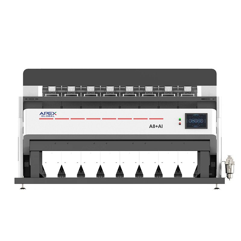 Vue de face du trieur de grains intelligent APEX modèle A8+AI, présentant une interface homme-machine tactile frontale, des trémies de déchargement multicanaux bien agencées et une structure d'armoire globalement profilée. Ce modèle hérite des atouts mécaniques robustes de la série A tout en intégrant un algorithme de tri par apprentissage profond.