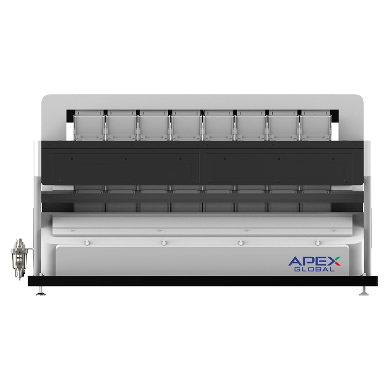 Rear structural view of APEX A8+AI intelligent vertical grain color sorter, showing integrated top detection bin assembly, sealed internal optical cabin and standardized external air pipeline interface, upgraded AI visual sorting equipment based on original Model A mechanical framework for high-precision miscellaneous grain processing