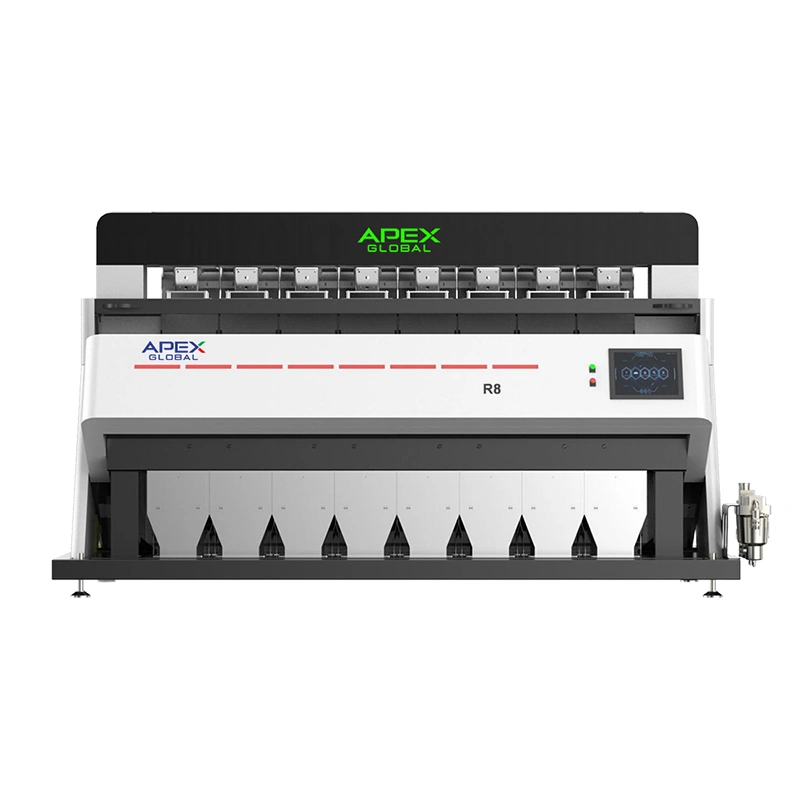 Front 3D rendering of APEX R series 8-chute vertical rice color sorter, entry-level CCD optical sorting machine for rice purification in small and medium rice milling workshops