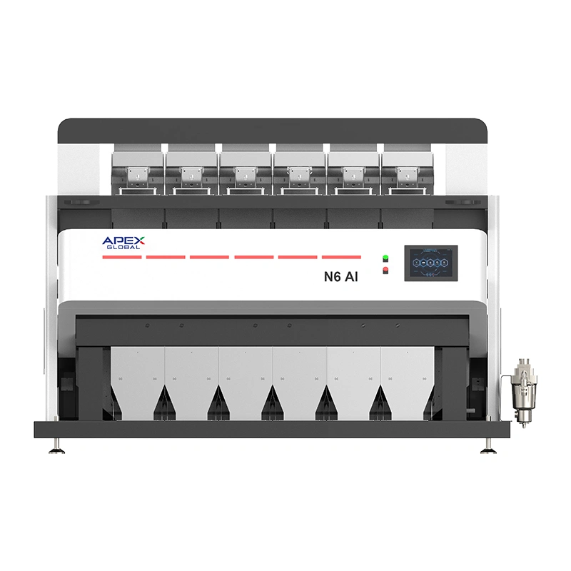 Imagem frontal oficial da máquina de classificação vertical inteligente de nozes APEX N6 AI, equipada com sistema de controle por tela sensível ao toque e funis de descarga de seis canais, equipamento de classificação de precisão com inteligência artificial para fábricas de processamento de nozes de alta qualidade e voltadas para exportação.