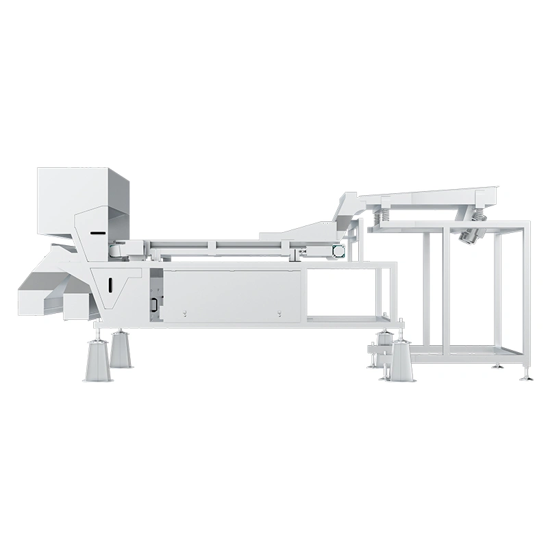 Vista estrutural lateral horizontal da classificadora de correia APEX L4, mostrando o layout do vibrador de alimentação, do canal da correia transportadora horizontal e do recipiente de separação da classificação dentro do equipamento. A estrutura geral simplificada reduz efetivamente o impacto do material e a fragmentação das partículas durante a operação de transporte.