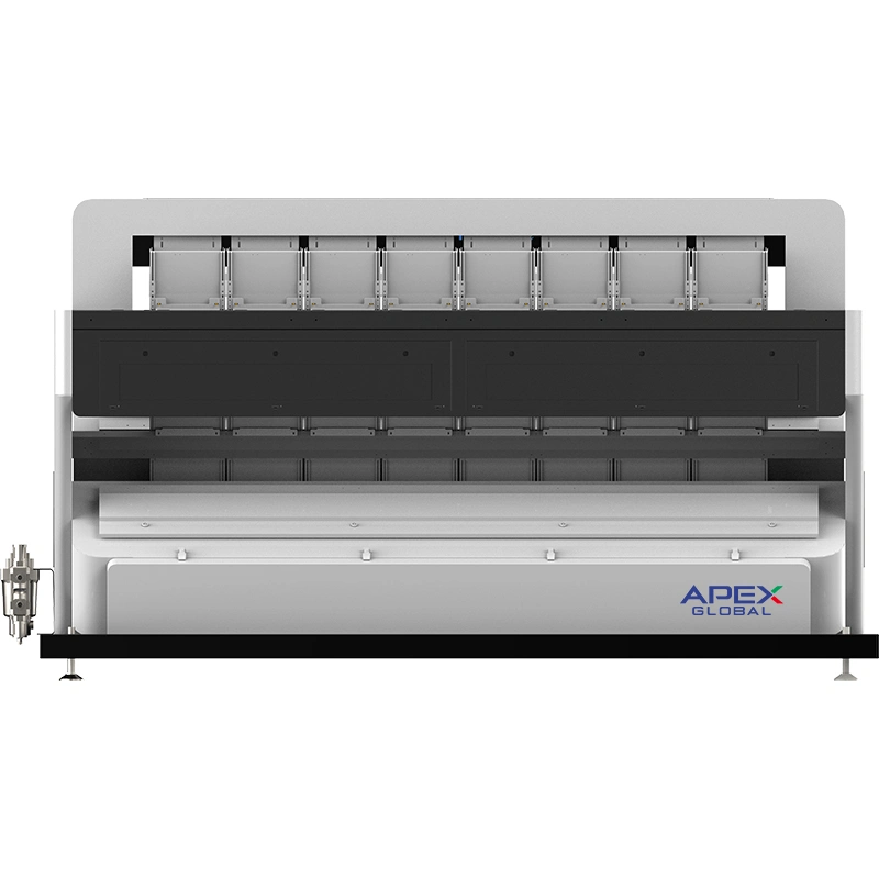 Rear structural view of APEX Model A vertical grain color sorting machine, showing sealed top detection module, stable integrated frame and standard internal layout for long-term continuous low-cost grain sorting operation