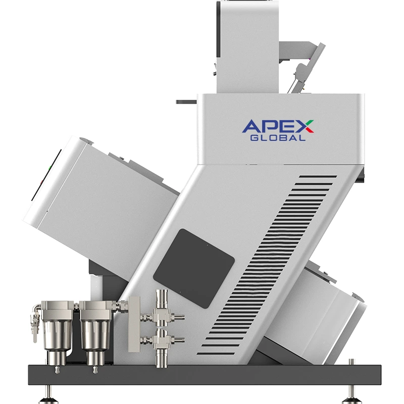Side profile render of APEX Model A entry vertical color sorter, displays heat dissipation structure and external compressed air processing component set, adopting streamlined industrial framework for daily coarse grain sorting scenarios