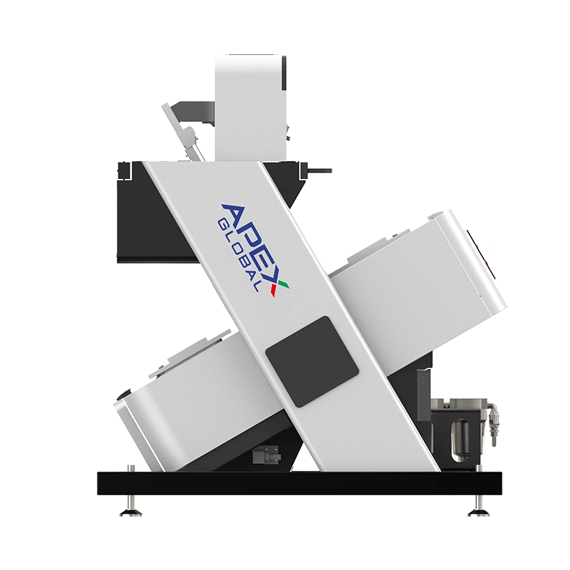 Side structural view of APEX Model N6 dedicated nut color sorter with X-type dual detection chamber layout, built-in CCD visual & infrared penetration integrated detection module for internal nut kernel quality inspection