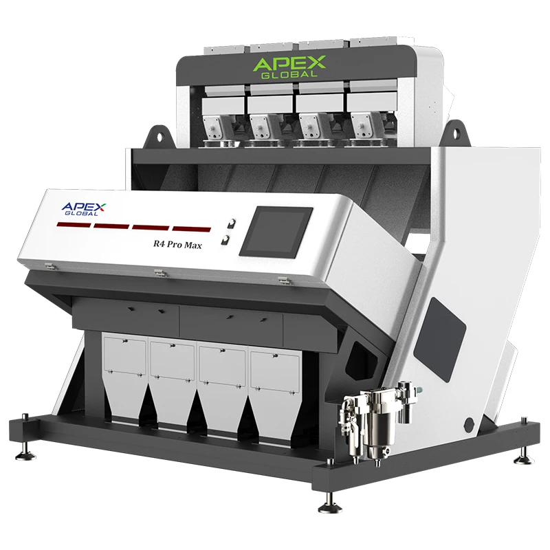Vue oblique du produit APEX R4 Pro Max, trieuse optique de riz haute précision et haut débit, équipée de 4 canaux de tri, d'un écran tactile intuitif et d'un système pneumatique intégré pour les lignes de production de riz raffiné de haute qualité.