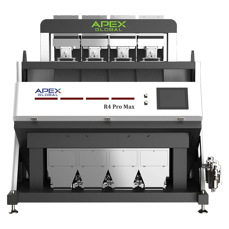 Front elevation official image of APEX R4 Pro Max dual-performance flagship rice sorting machine, showing sealed top detection module, four-group material receiving bins and integral reinforced industrial frame structure supporting long-term heavy-load stable operation